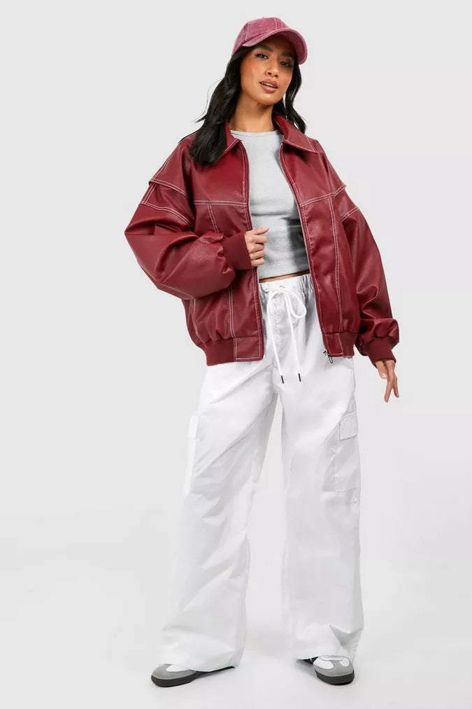 Faye Red Leather Bomber Jacket