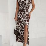 Sleeveless Fitted Dress with Leaf Print and Side Slit