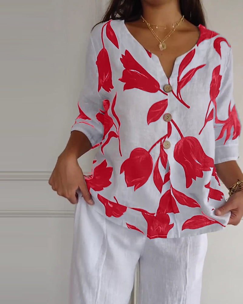 Floral Print Cotton-Linen Top