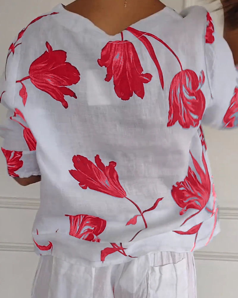 Floral Print Cotton-Linen Top