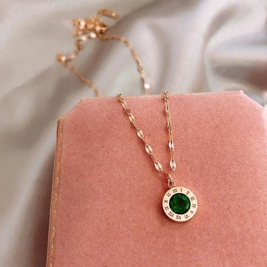 Gold Necklace with Emerald Timepiece