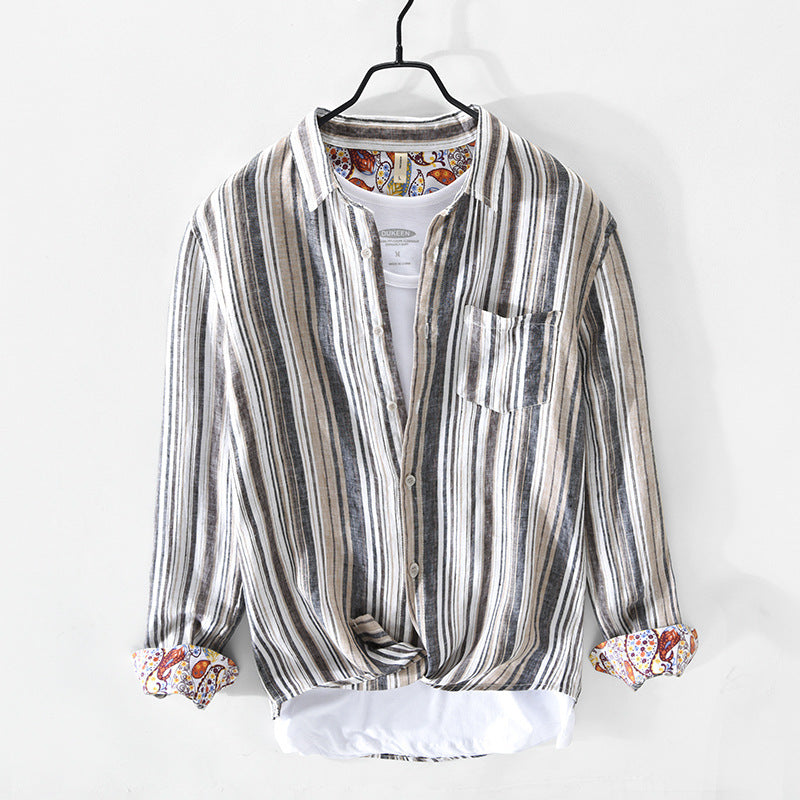 Earthy Striped 100% Linen Button-Up Shirt