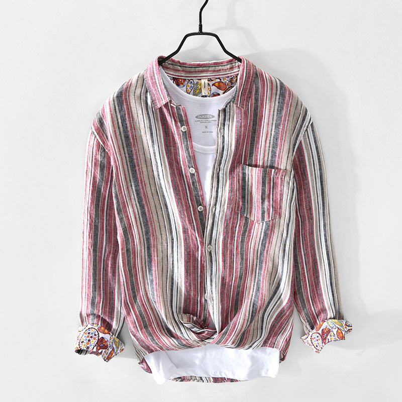 Earthy Striped 100% Linen Button-Up Shirt