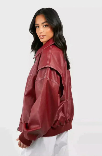 Faye Red Leather Bomber Jacket