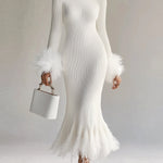 Elegant White Feather Cuffs Knitted Dresss