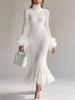 Elegant White Feather Cuffs Knitted Dresss