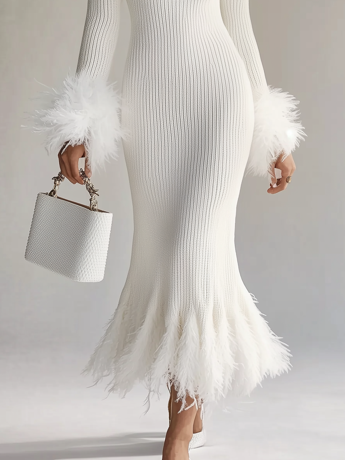 Elegant White Feather Cuffs Knitted Dresss