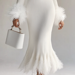 Elegant White Feather Cuffs Knitted Dresss