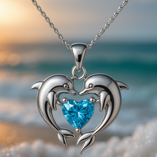 Double Dolphin of Love Silver Opal Necklace