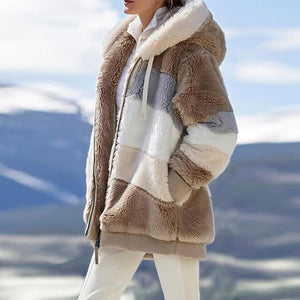 2024 Women's Faux Fur Winter Jacket with Colorblock Hood & Functional Pockets