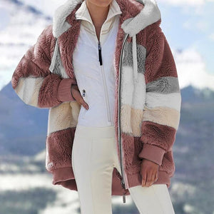 2024 Women's Faux Fur Winter Jacket with Colorblock Hood & Functional Pockets