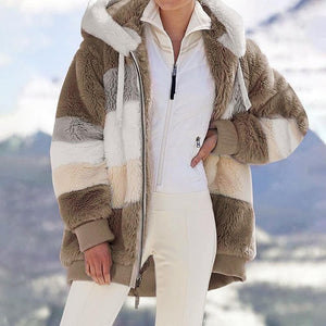 2024 Women's Faux Fur Winter Jacket with Colorblock Hood & Functional Pockets