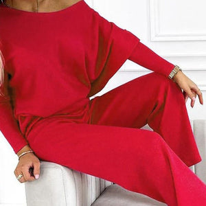 Women's Solid Color Set – Drop Shoulder Pullover & Loose Pants