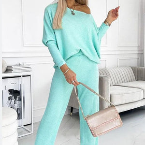 Women's Solid Color Set – Drop Shoulder Pullover & Loose Pants