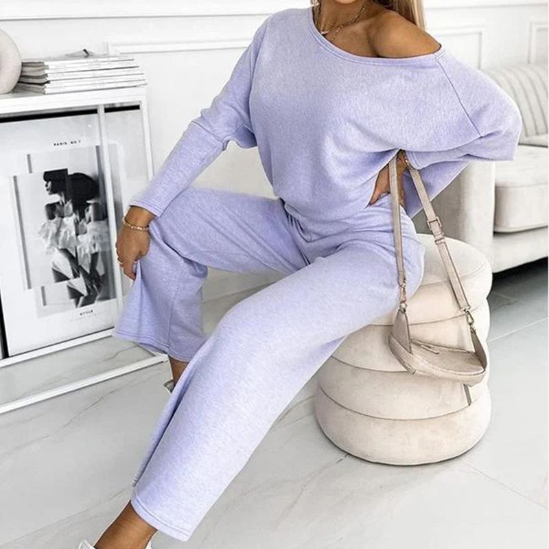 Women's Solid Color Set – Drop Shoulder Pullover & Loose Pants