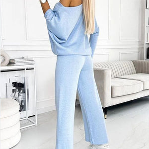 Women's Solid Color Set – Drop Shoulder Pullover & Loose Pants