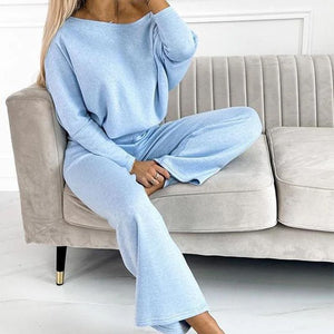 Women's Solid Color Set – Drop Shoulder Pullover & Loose Pants