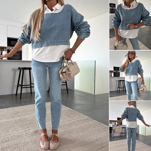 Trendy Two-Piece Set – Women's Long-Sleeve Denim Top & Pants