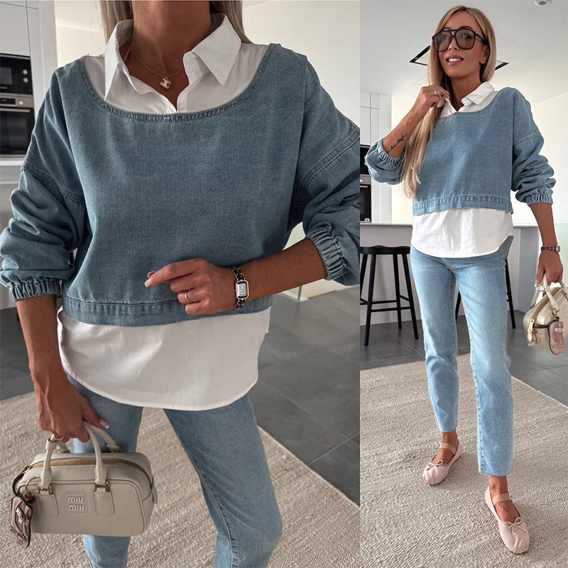 Trendy Two-Piece Set – Women's Long-Sleeve Denim Top & Pants