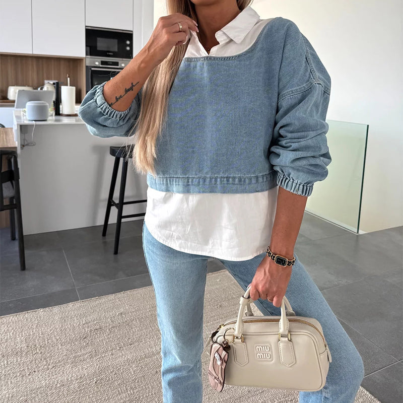 Trendy Two-Piece Set – Women's Long-Sleeve Denim Top & Pants