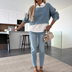 Trendy Two-Piece Set – Women's Long-Sleeve Denim Top & Pants